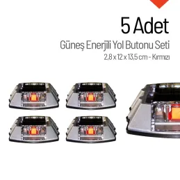 5'li Set Kırmızı Solar Çakar Yol Butonu Poliüretan Taban