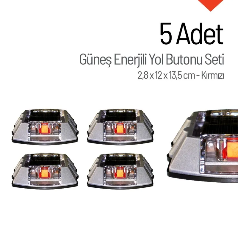 5'li Set Kırmızı Solar Çakar Yol Butonu Poliüretan Taban