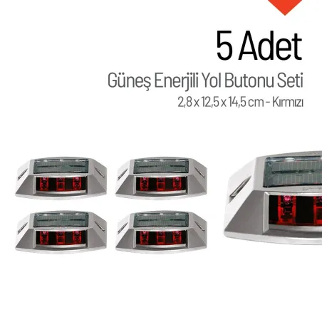 5'li Set Kırmızı Solar Yol Butonu 3x3 Ledli