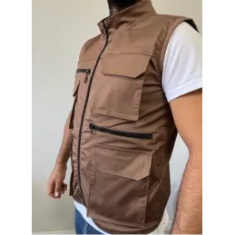 Kahverengi Gri Çok Cepli Tasarım Yelek