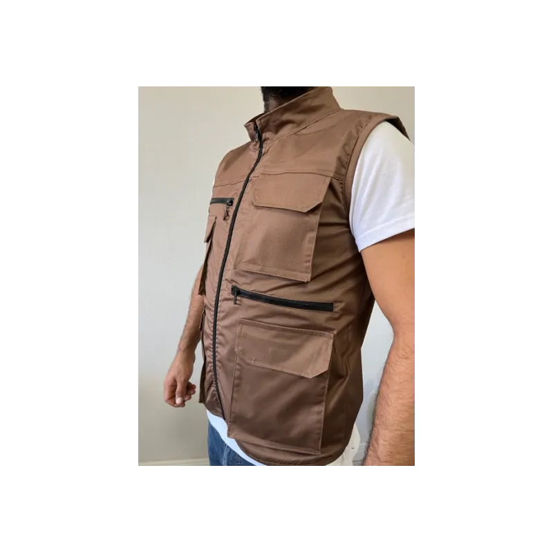Kahverengi Gri Çok Cepli Tasarım Yelek