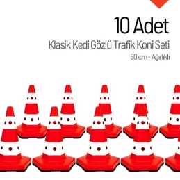 10 Adet Ultra Kedi Gözlü Trafik Konisi Ağırlıklı 60cm Trafik Dubası