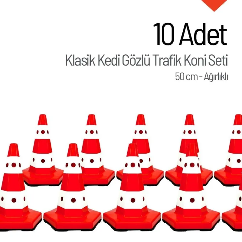 10 Adet Ultra Kedi Gözlü Trafik Konisi Ağırlıklı 60cm Trafik Dubası