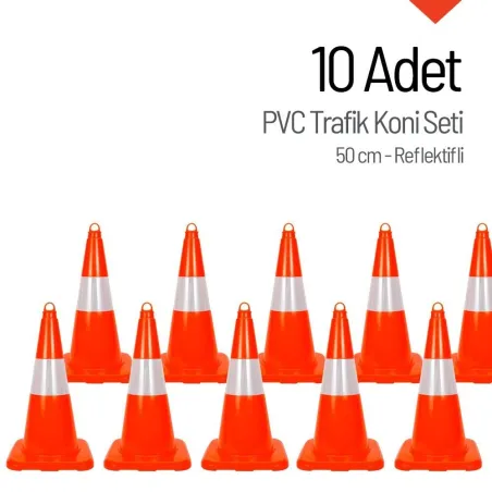 10 Adet PVC Trafik Konisi 50 cm Reflektifli Trafik Dubası - Kampanya Ürünü