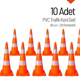 PVC Trafik Konisi 90 cm Çift Reflektikli 10 Adet Trafik Dubası