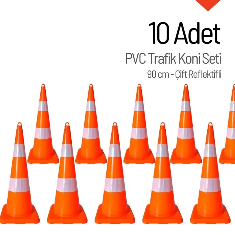 PVC Trafik Konisi 90 cm Çift Reflektikli 10 Adet Trafik Dubası