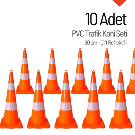 PVC Trafik Konisi 90 cm Çift Reflektikli 10 Adet Trafik Dubası